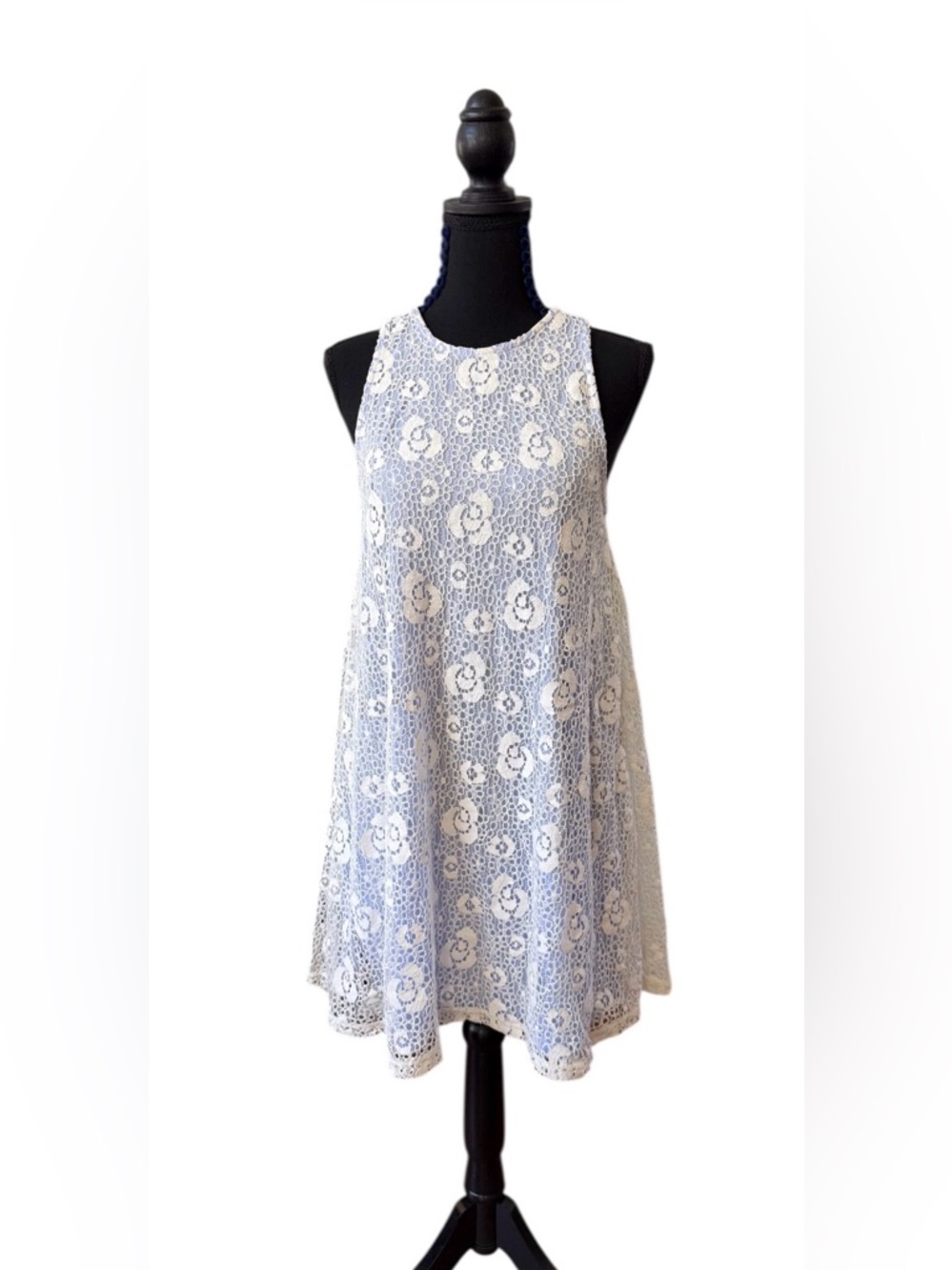 Blue Rain White Lace Overlay Dress with Light Blue Lining